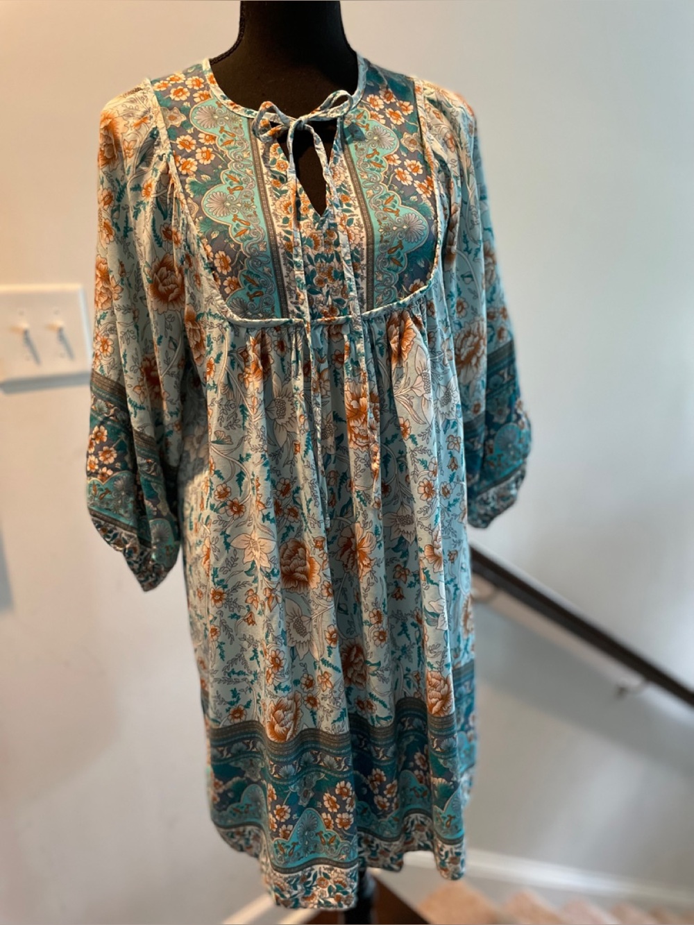 Temofon Vintage-Inspired Floral Summer Dress Size L Turquoise Babydoll Bohemian